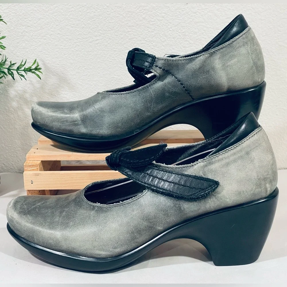 Naot Gray Distressed Leather Clogs Heels Hook & Loop Faux Tie Strap Closure |EUC